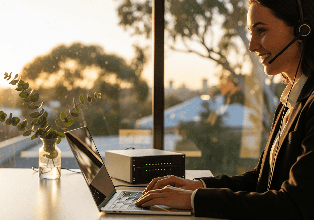 AI call centre agent with headset working on laptop during remote customer service.