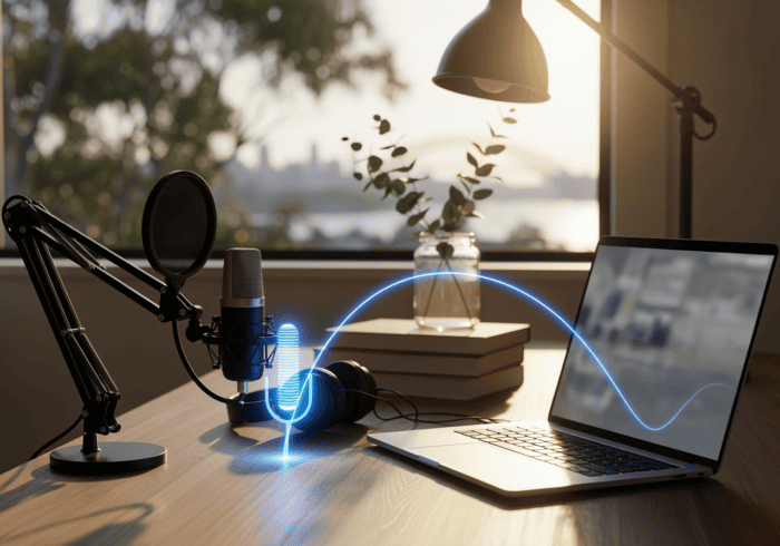 High-quality microphone and headphones for professional podcasting or broadcasting.