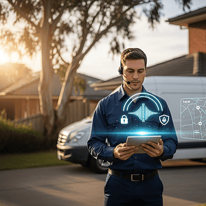 2. Male technician using a tablet with digital security icons and map overlay, demonstrating advanced AI-powered security solutions in a residential setting, promoting innovative home safety.