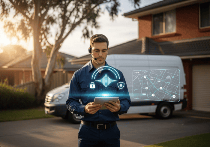 2. Male technician using a tablet with digital security icons and map overlay, demonstrating advanced AI-powered security solutions in a residential setting, promoting innovative home safety.