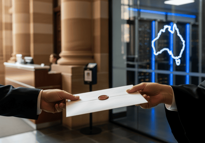 A formal handover of an envelope with sealed document in a professional setting near a digital Australia map outline illuminated on a window, representing secure and innovative business communication.