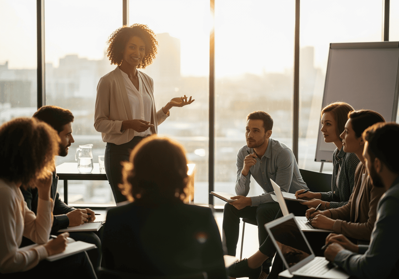 An energetic woman presenter trains a diverse group of professionals in a modern, brightly-lit office. Using a whiteboard, the trainer demonstrates AI-powered dialer solutions for efficient call management.