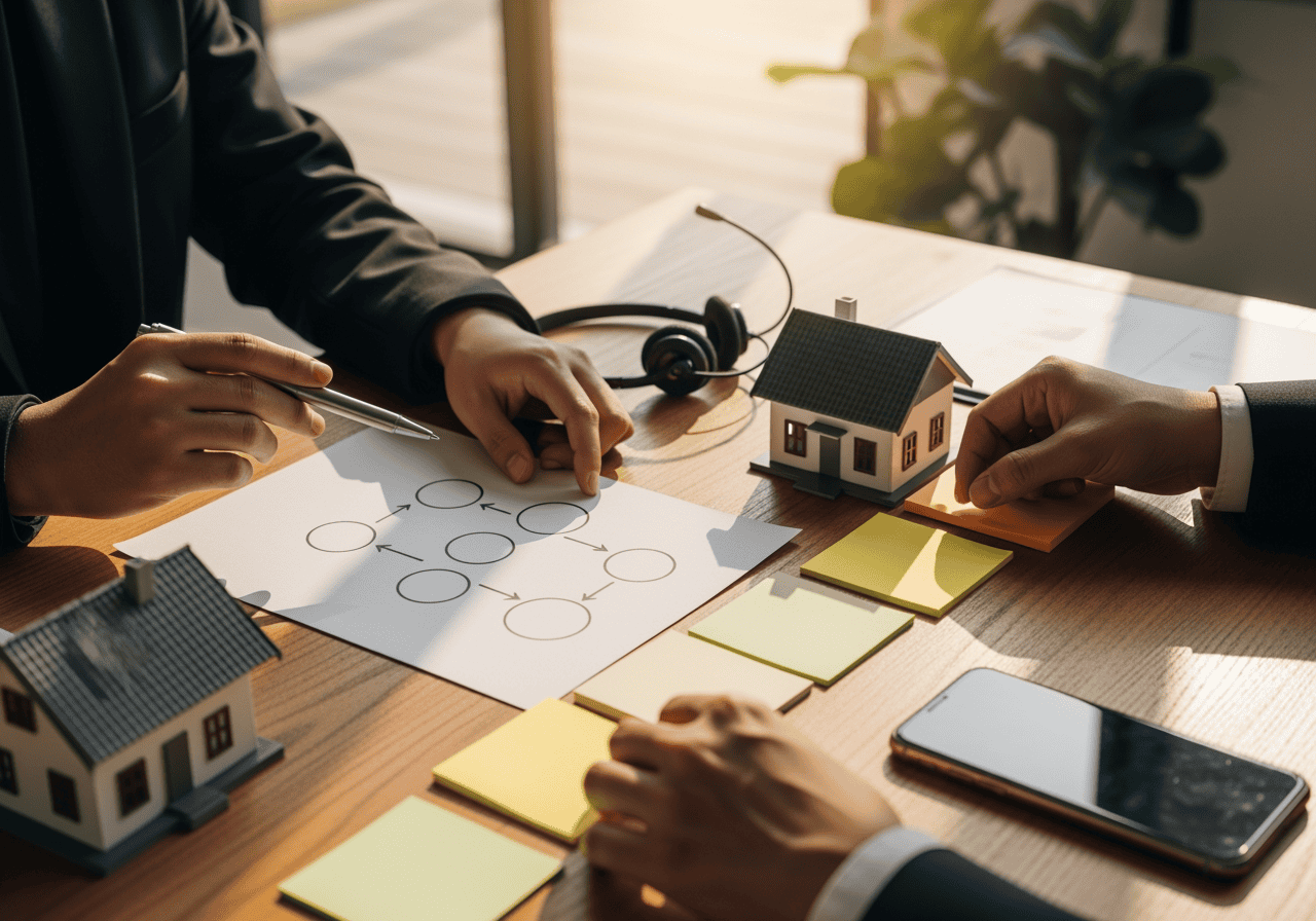 Image of two professionals discussing house sale strategy, with house models, notes, and a flowchart on the table, symbolizing real estate planning and property negotiations.