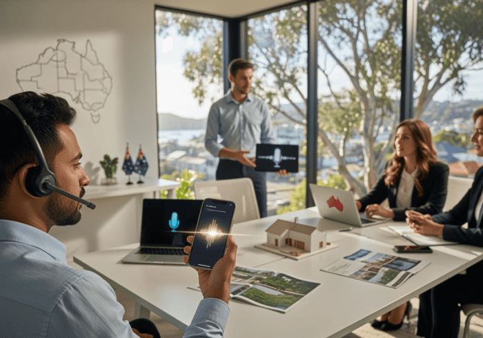 Optimised ALT text: Business professionals using AiDial for efficient communication, with voice commands, modern office setting, and Australian branding, boosting productivity and customer engagement.