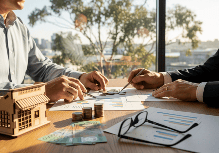 retirement income strategies - High-quality image showcasing financial discussion and planning with coins, currency, and d...