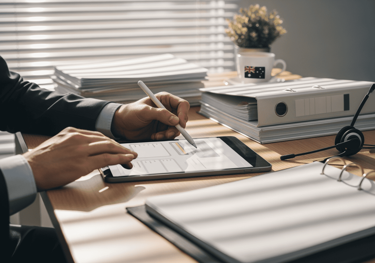 An office scene showing professionals collaborating with a digital tablet, stylus, and filing documents, illustrating AI Dial’s innovative communication and productivity solutions for businesses.