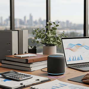 Smart AI-powered voice assistant device on office desk with laptop showcasing data analytics, amid office supplies, in a modern workspace with city view background.