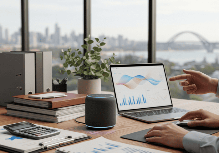 Smart AI-powered voice assistant device on office desk with laptop showcasing data analytics, amid office supplies, in a modern workspace with city view background.