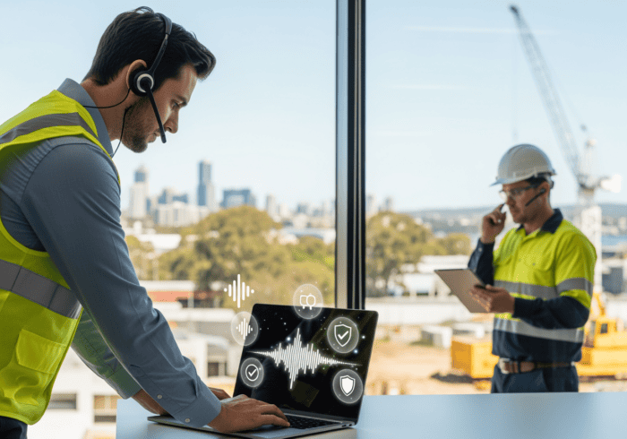 An engineer in high-visibility vest using a laptop with voice and security icons overlay at a construction site, promoting AI-powered communication solutions for industrial projects.