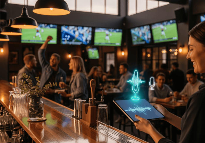 AI-powered voice assistant in a lively bar setting.