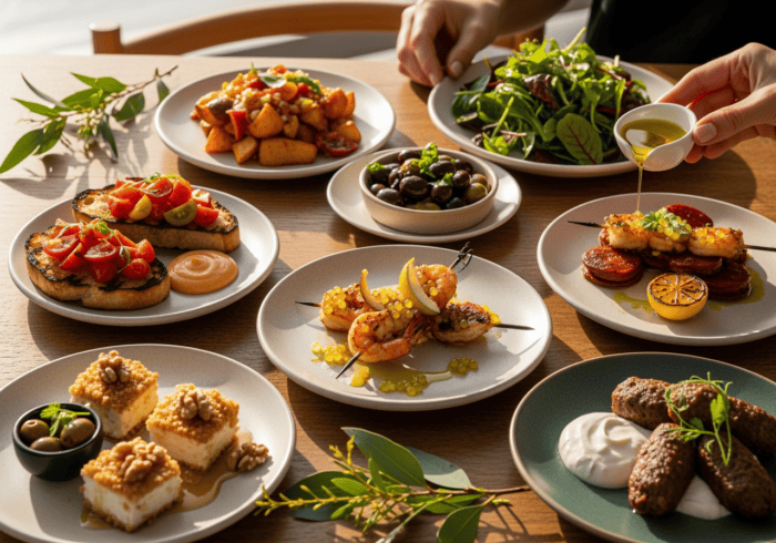 after hours answering service small business - A variety of colorful Mediterranean dishes including grilled shrimp skewers...