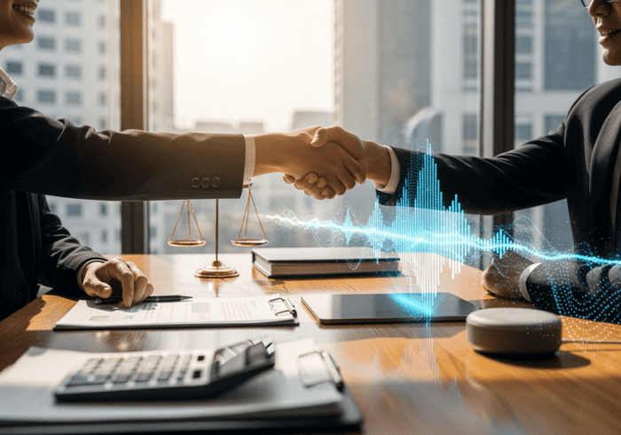 Handshake between two professionals in a modern office, digital technology overlay, highlighting AI-powered communication solutions.