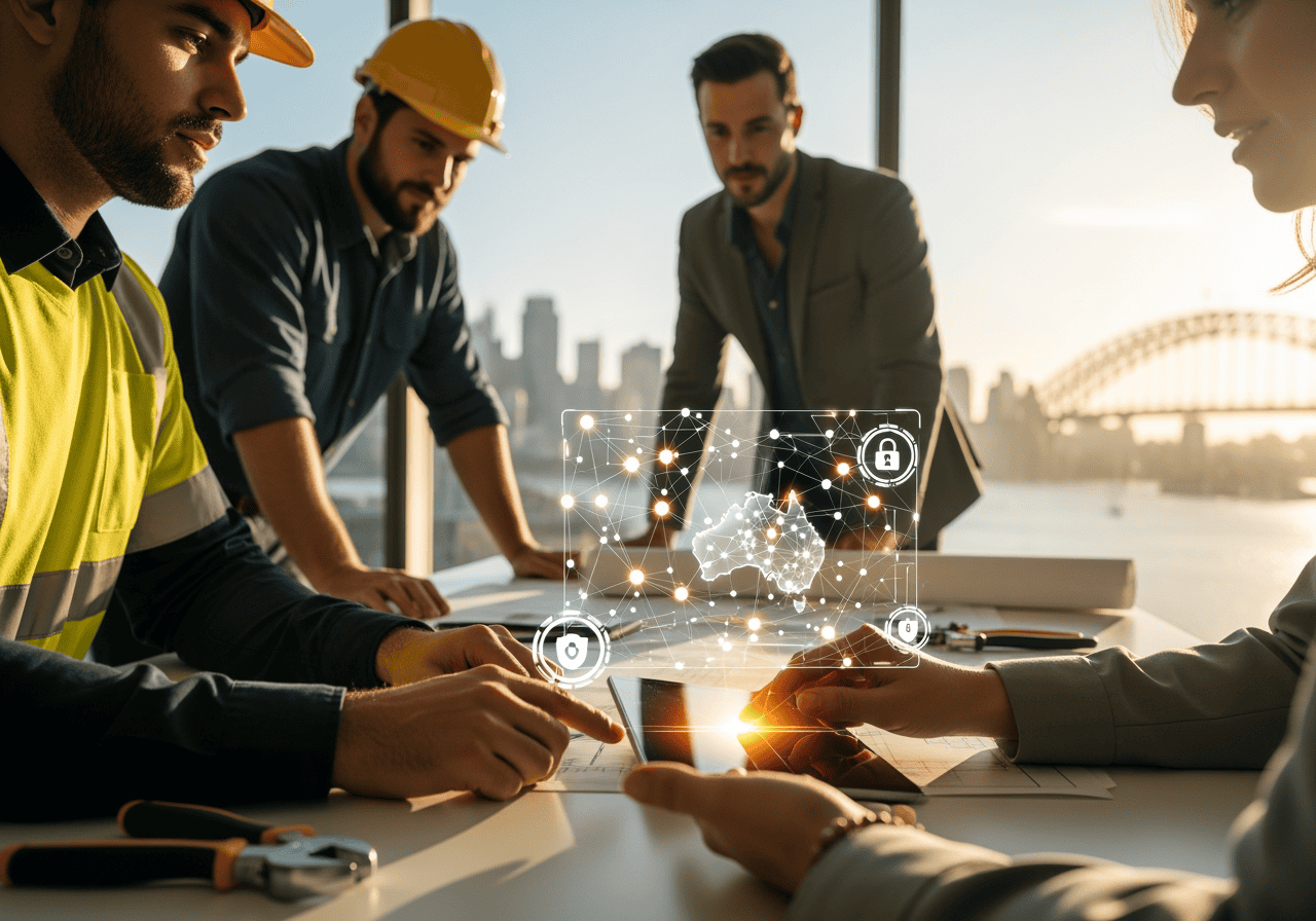 A diverse group of professionals collaborating with digital technology in a modern office, demonstrating teamwork and innovation in tech solutions.