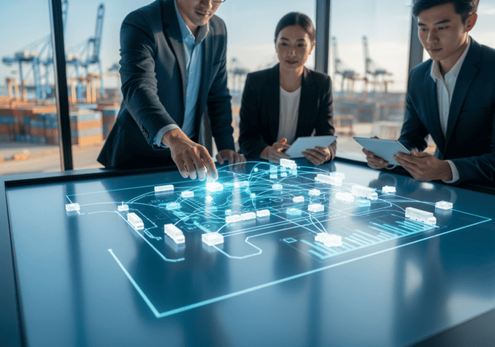 High-tech urban planning with digital infrastructure and IoT integration for smart cities, featuring professionals analysing futuristic city models.