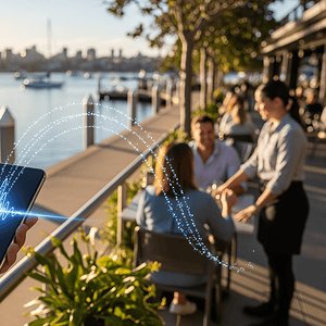 Artificial intelligence phone system in a bustling waterfront restaurant setting.