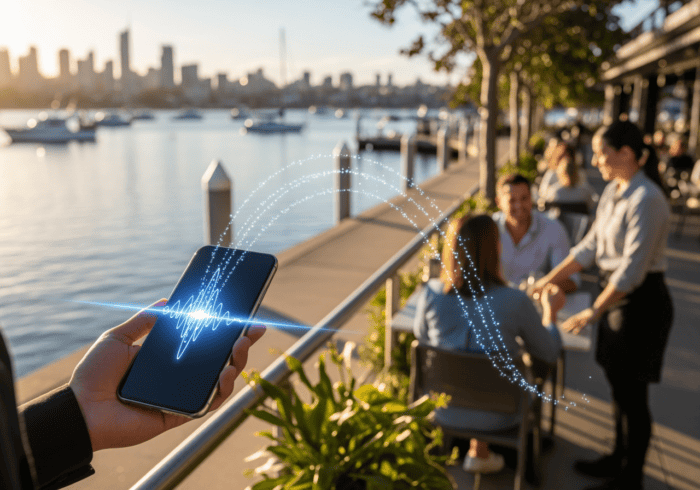 Artificial intelligence phone system in a bustling waterfront restaurant setting.