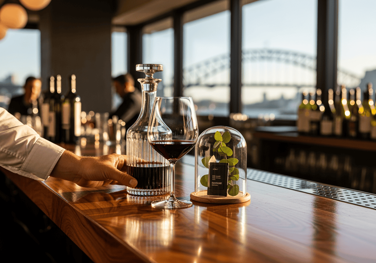 A sophisticated bar scene featuring a hand pouring red wine into a glass with a scenic city bridge view in the background, stylish decor and wine bottles visible.