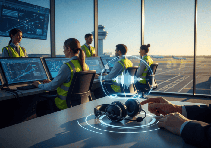 An image of airport staff in a control room with multiple screens displaying flight data, with a focus on communication headsets and real-time monitoring for efficient airport management.