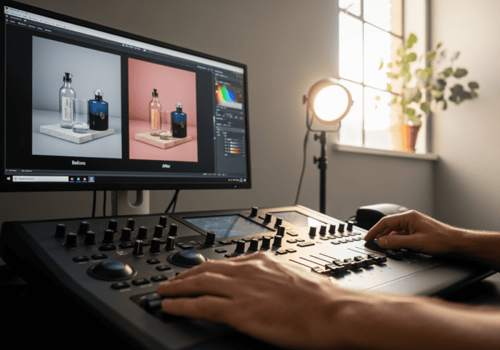 Quality image of a digital artist working on photo editing with professional software and lighting setup.