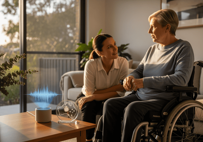 A caregiver engaging with an elderly woman in a wheelchair, demonstrating compassionate support and communication, with smart home devices in the background for assisted living solutions.