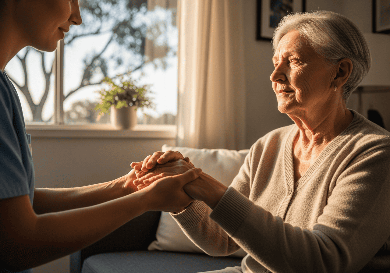 Compassionate caregiver holding elderly woman's hands, providing emotional support and companionship in a cozy home setting, highlighting senior care and assistance services.