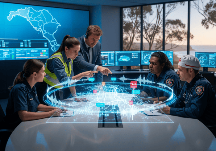 Emergency response team using digital maps and technology for disaster management and coordination.