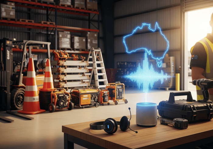 Tech warehouse with power tools, safety cones, and a digital lightning bolt representing innovative energy solutions.