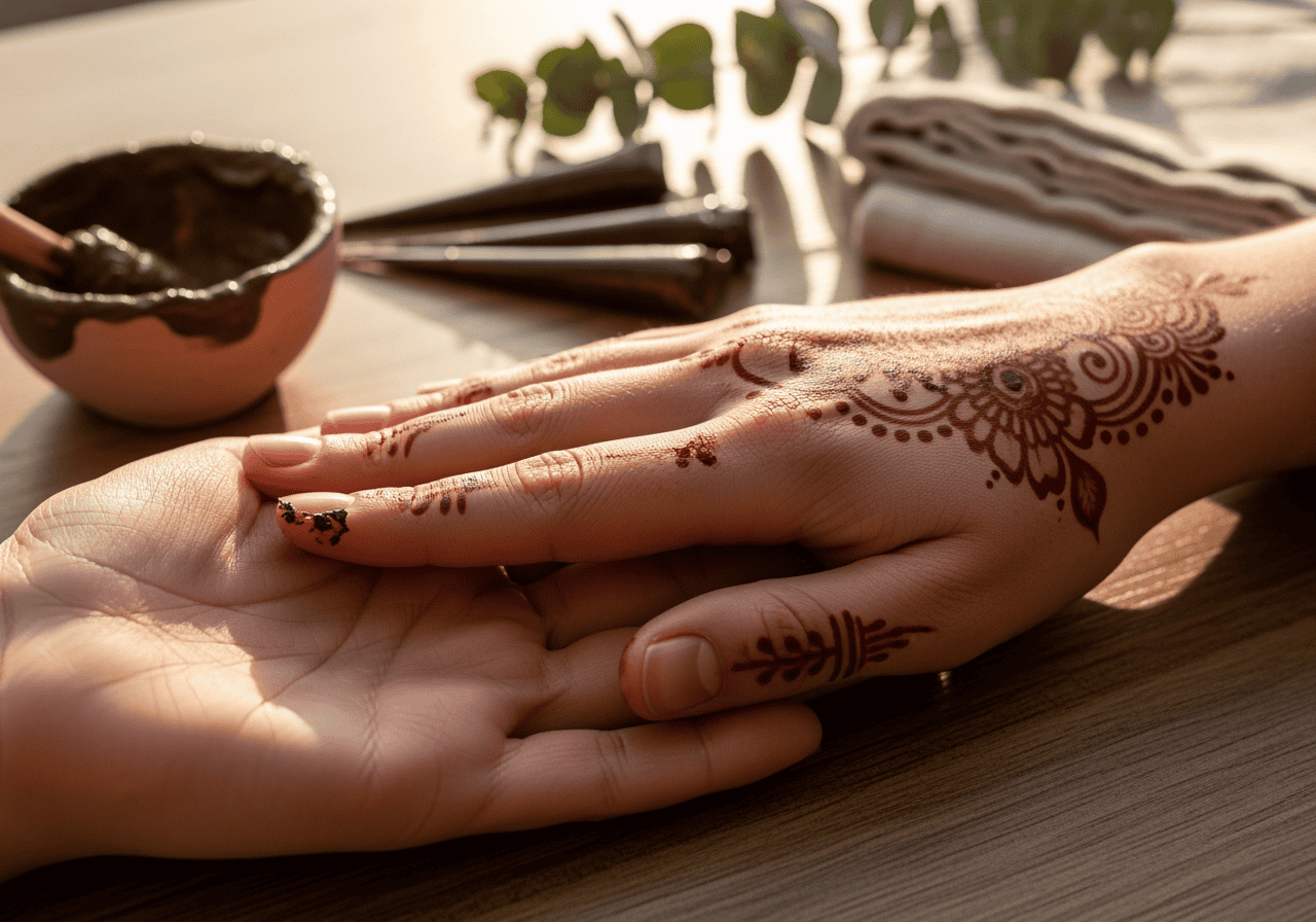 Up of a hand with intricate henna designs resting on another hand, with spa tools and towels in the background, emphasizing wellness, beauty, and relaxation.
