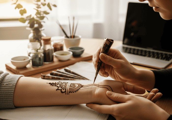 Close-up of a tattoo artist creating intricate henna designs on a client's hand in a studio setting with art supplies and a laptop in the background.