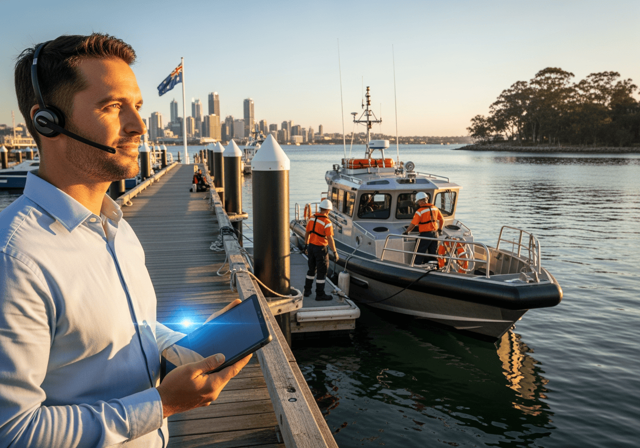 A customer service representative with a headset and tablet assisting at a marina with a boat and city skyline in the background, highlighting communication and support services.