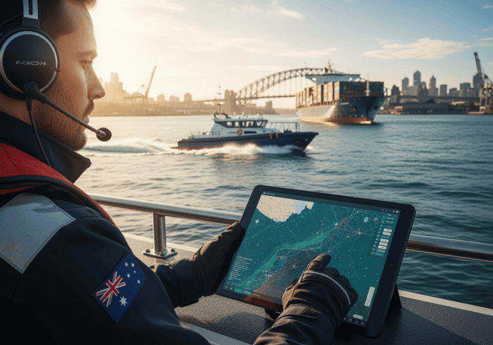 A crew member using a tablet with navigation and communication software on a ship, with a city skyline and harbor in the background, highlighting maritime technology and navigation tools.