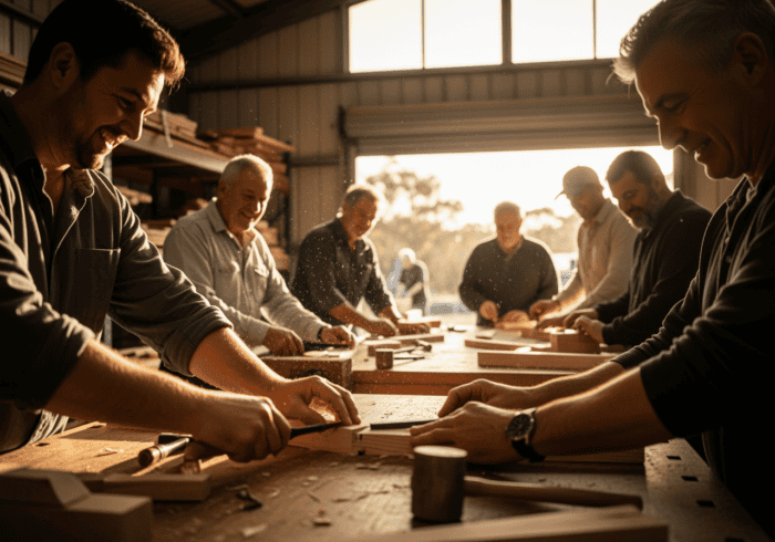 A group of people working together on woodworking projects in a well-lit workshop, showcasing teamwork and craftsmanship.