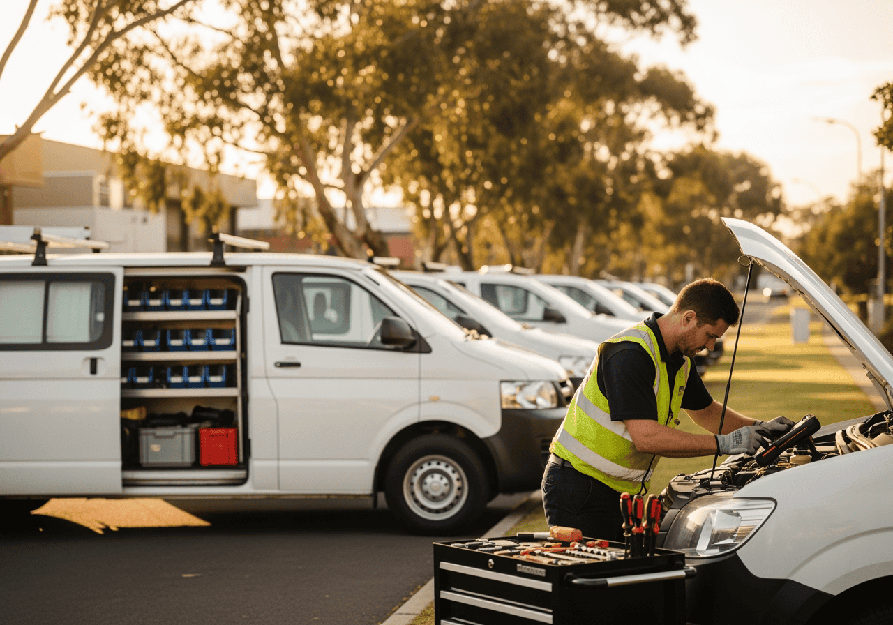 A technician working on a white service van with tools, in an outdoor parking lot with multiple service vehicles and trees in the background.