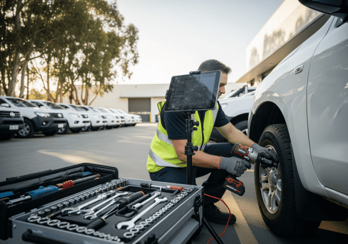 An auto repair technician inspecting a vehicle's tire with diagnostic equipment and tools at a car service center, demonstrating vehicle maintenance and repair services.
