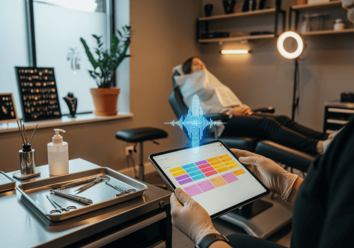 Telehealth consultation using AI Dial platform with a patient lying on a medical chair and a healthcare professional using a tablet to monitor the session, showcasing innovative healthcare technology.