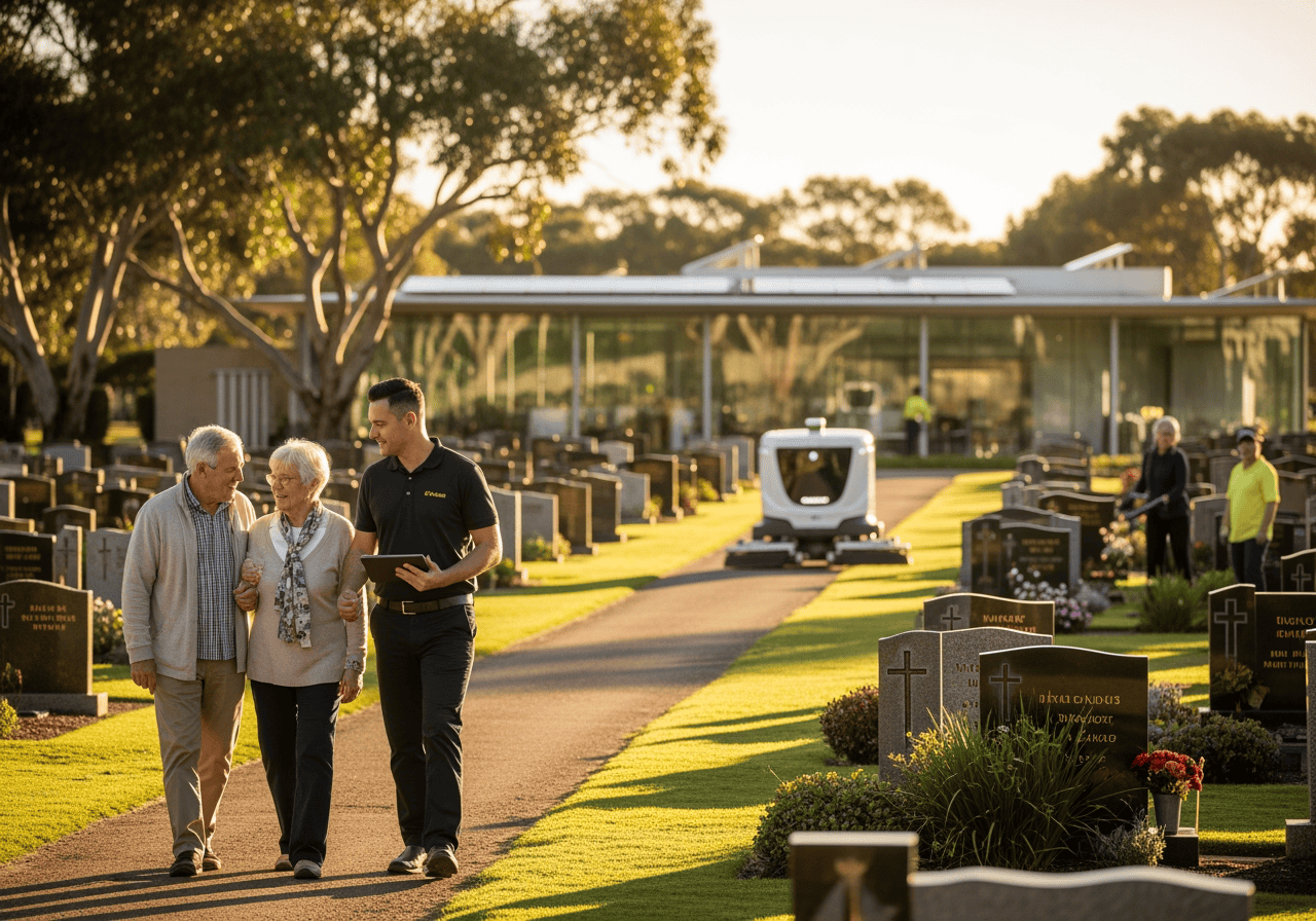 Visitors walking through a peaceful cemetery with gravestones, accompanied by a service robot providing assistance, under warm sunlight and clear skies.