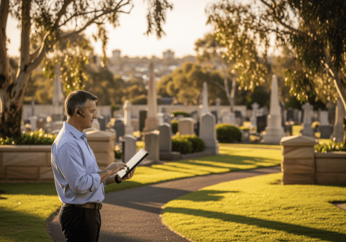 Man in a cemetery reading a book, with headstones and trees in the background, during sunset, representing memorial services and respectful remembrance.