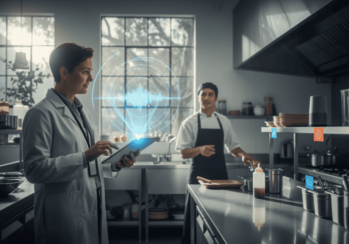 Female chef using a tablet with AI voice recognition in a modern kitchen, demonstrating smart kitchen automation and voice-controlled cooking assistance.