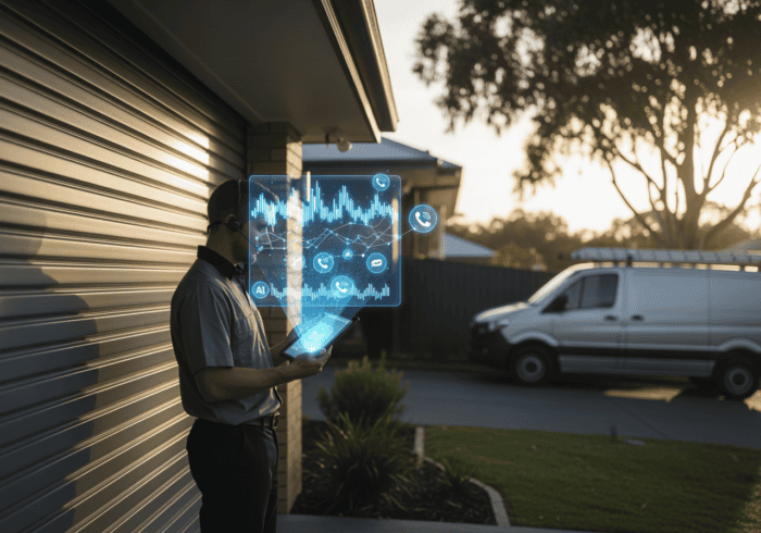A man using a tablet with holographic AI and data analytics icons, standing outside near a garage and a white van, representing AI-powered communication solutions.