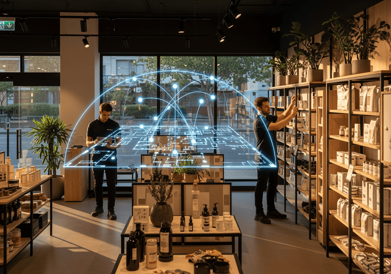Two men using digital devices in a modern retail store with holographic network graphics, showcasing AI-driven inventory management and smart technology integration.