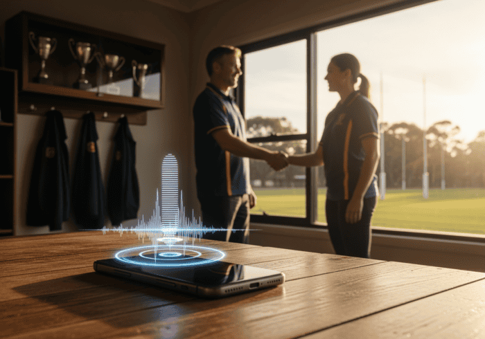 Two professionals shaking hands in a bright office with a view of a sports field, symbolizing partnership and communication in AI Dial's innovative telecommunication solutions.
