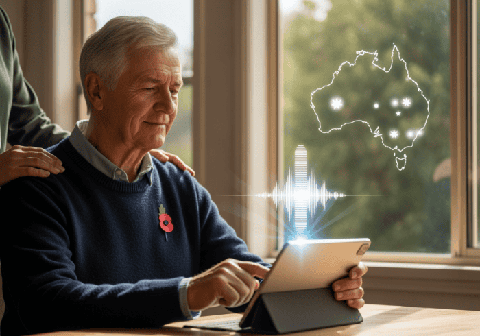 Elderly man using a tablet for healthcare communication, with a digital map of Australia and connectivity icons, highlighting AI-powered telehealth solutions for seniors in Australia.