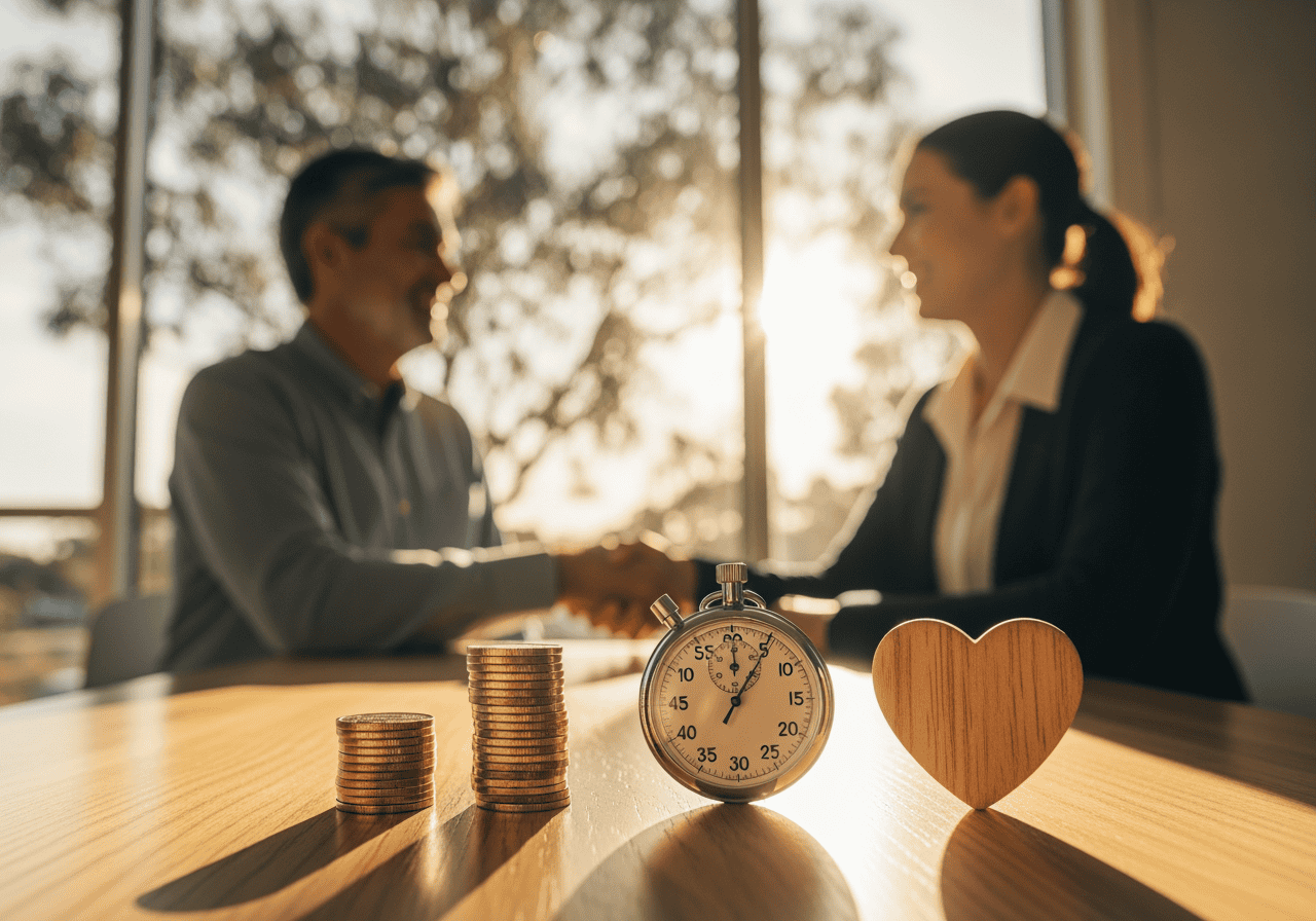 A professional business meeting scene with two people shaking hands, coins stacked on the table, a stopwatch, and a wooden heart, symbolizing finance, time, and care.
