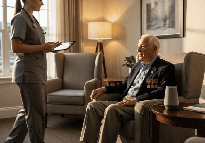 respite care phone answering service - Senior man with medals on his blazer being attended to by a healthcare worker in a ...