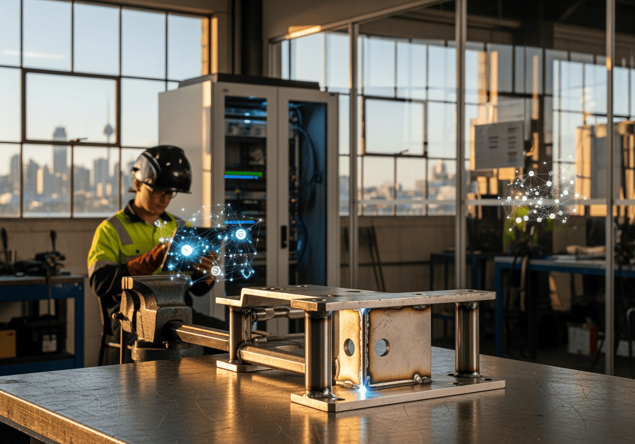 An engineer using augmented reality glasses to monitor and control industrial equipment in a high-tech lab environment.