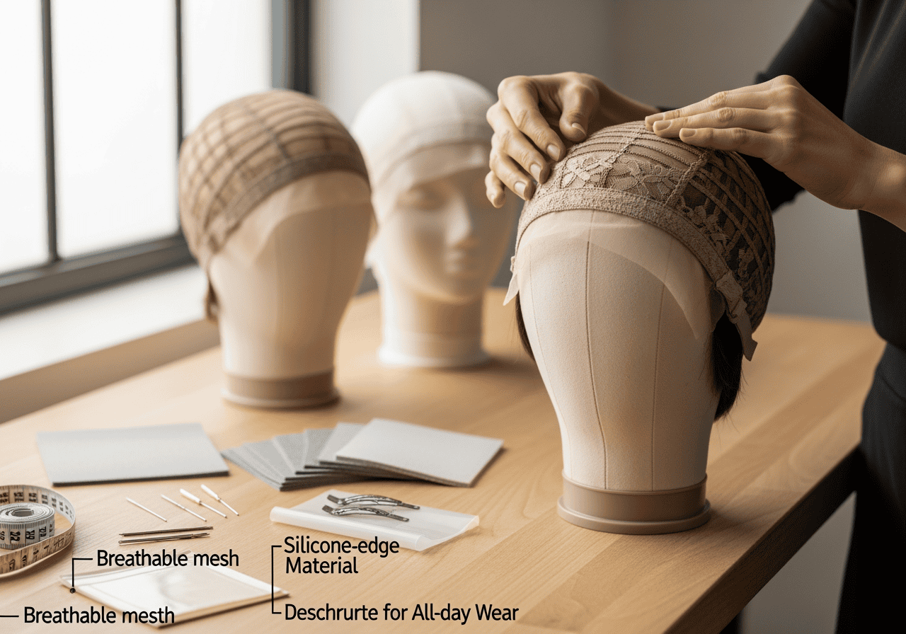 Quality breathable mesh and silicone-edge material for comfortable all-day wear in wig fitting and styling.