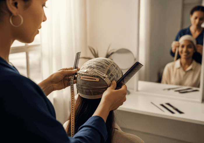 A stylist performs a hair analysis using a specialized cap and tools in a salon, with a client seated and a professional team observing, highlighting personalized hair care solutions.