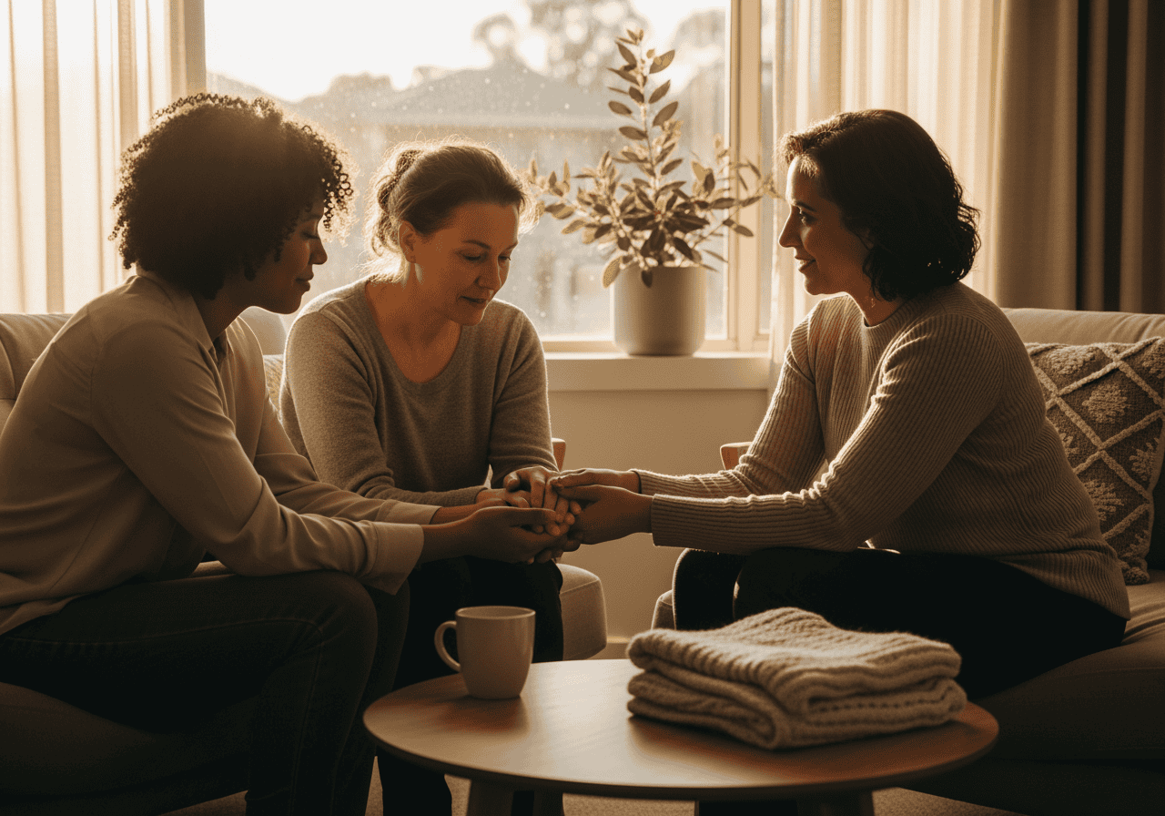 A warm, supportive group of women sitting together in a cozy living room, holding hands, sharing emotional support, with sunlight streaming through the window, promoting mental health and community.