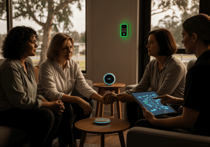 Four women in a business meeting using voice technology devices, including a tablet and smart speakers, in a modern office setting with large windows and natural light.
