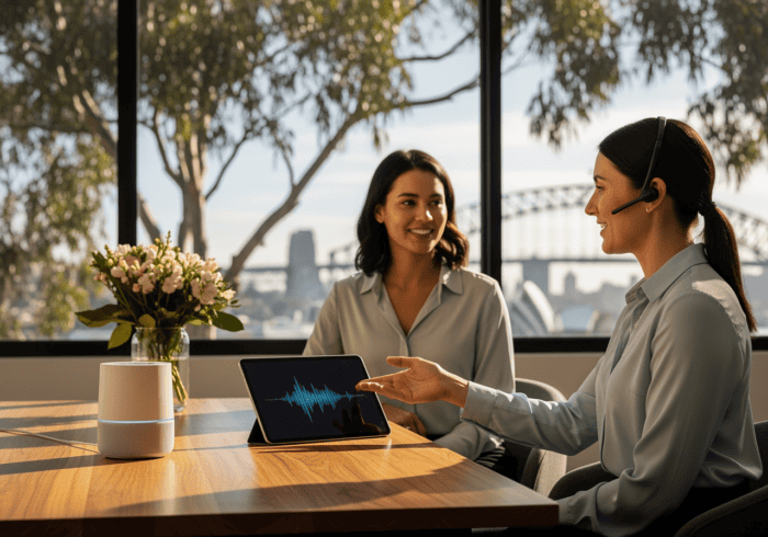 Two women engaged in a customer support conversation using AI-powered communication tools, with a tablet displaying a sound wave, in a modern office with a city view.
